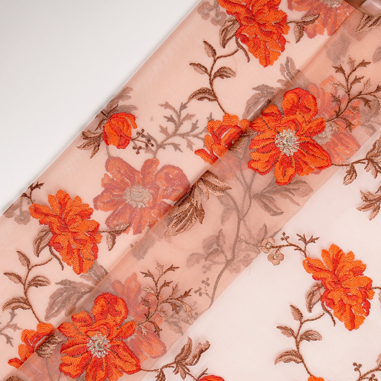 Ayka Peach Viscose Organza Embroidered Fabric in Jaal Pattern