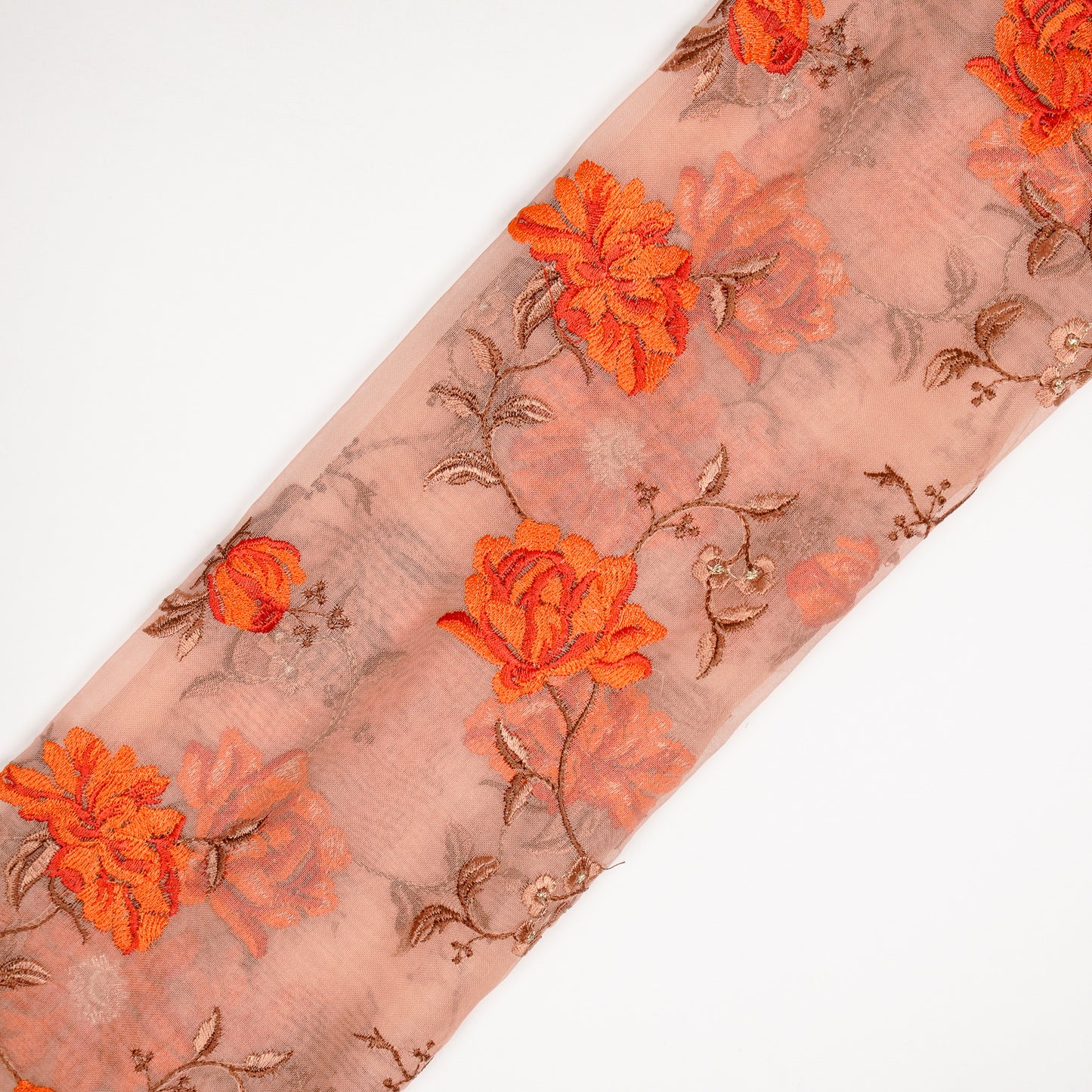 Ayka Peach Viscose Organza Embroidered Fabric in Jaal Pattern