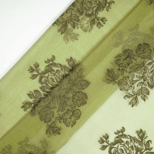 Roza Deep Olive Viscose Organza Embroidered Fabric in Buta