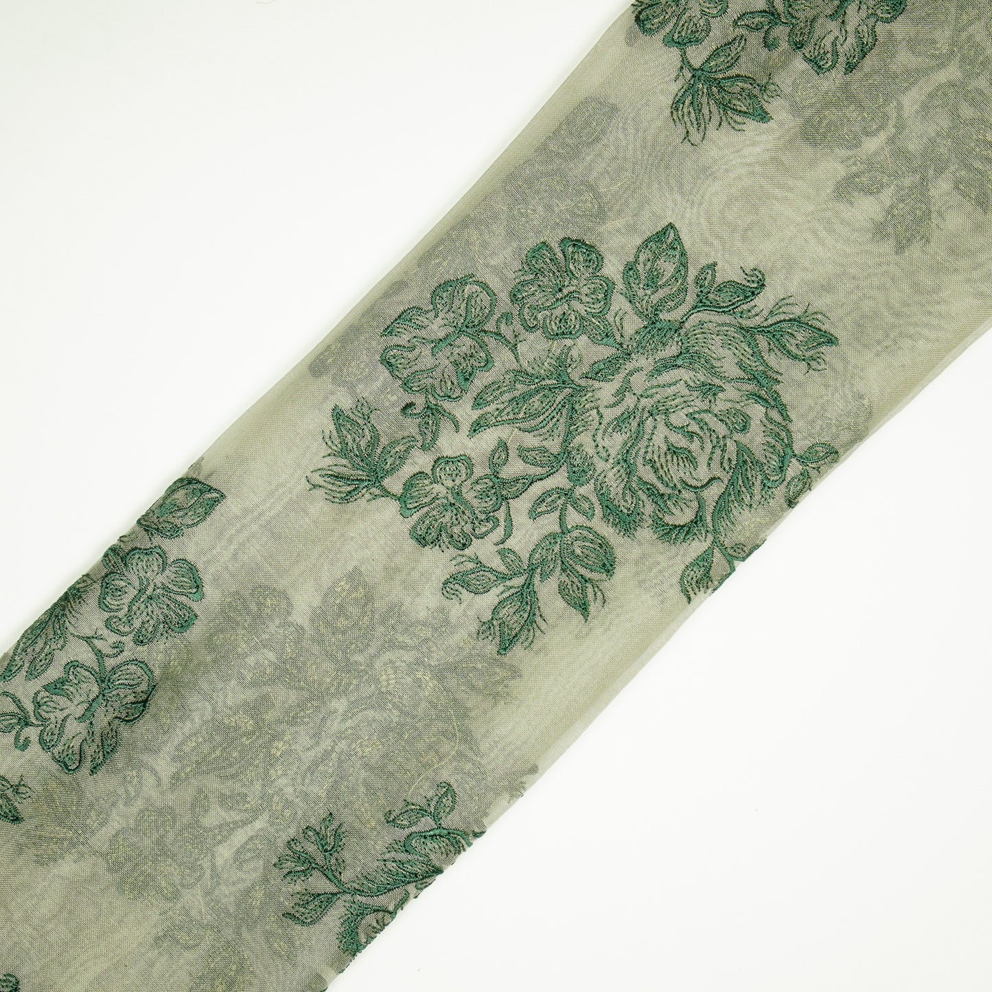 Roza Moss Green Viscose Organza Embroidered Fabric in Buta