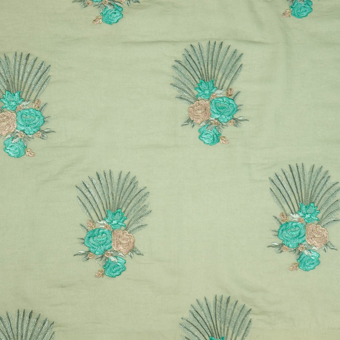 Nusrat Floral Aqua Grey Cotton Embroidered Fabric in Buta  Pattern