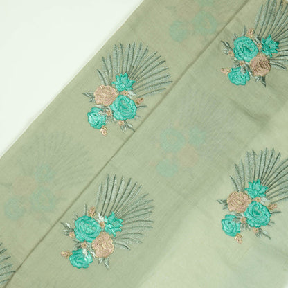 Nusrat Floral Aqua Grey Cotton Embroidered Fabric in Buta  Pattern