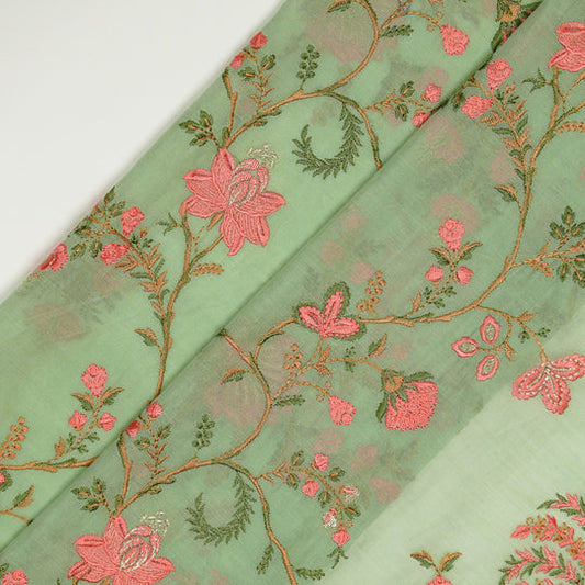 Yalina Sea Green Chanderi Embroidered Fabric in Jaal Pattern