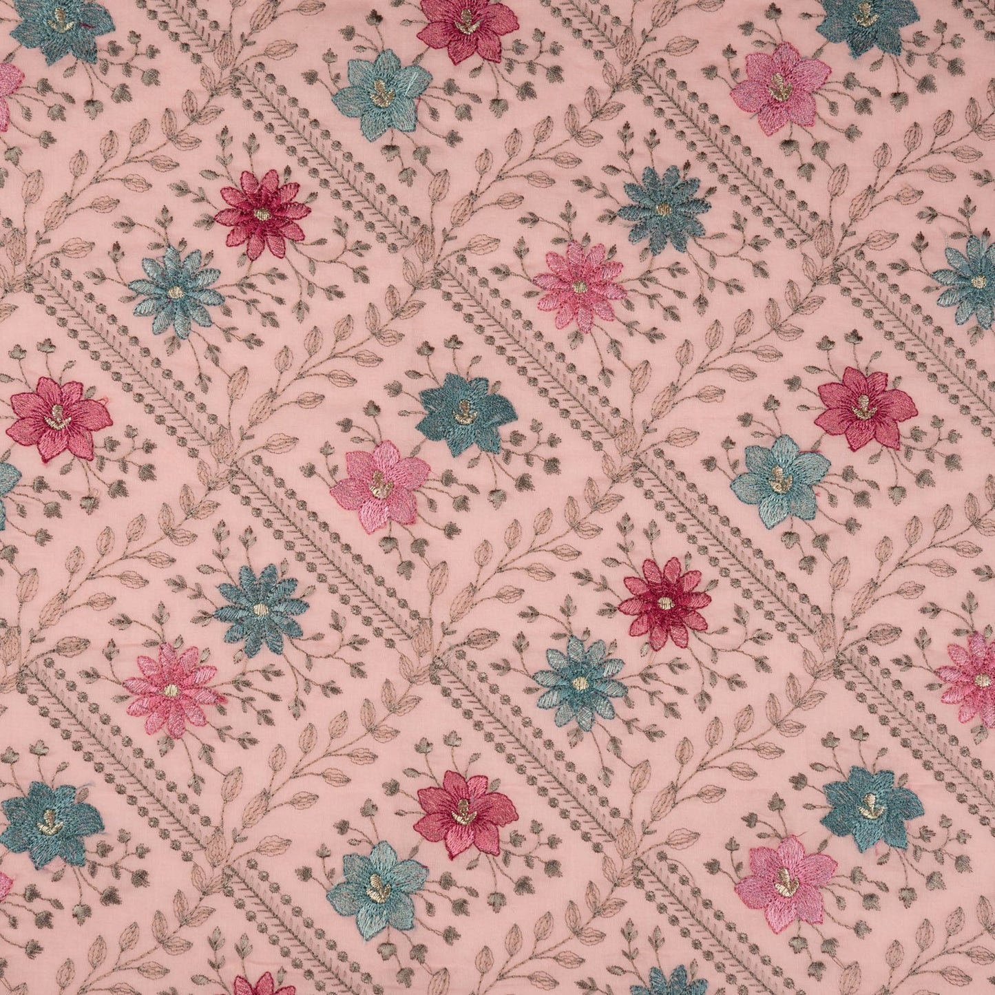 Pariza Carrot Pink Cotton Embroidered Fabric in Jaal Pattern