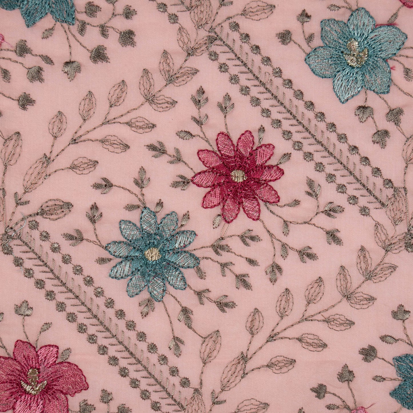 Pariza Carrot Pink Cotton Embroidered Fabric in Jaal Pattern