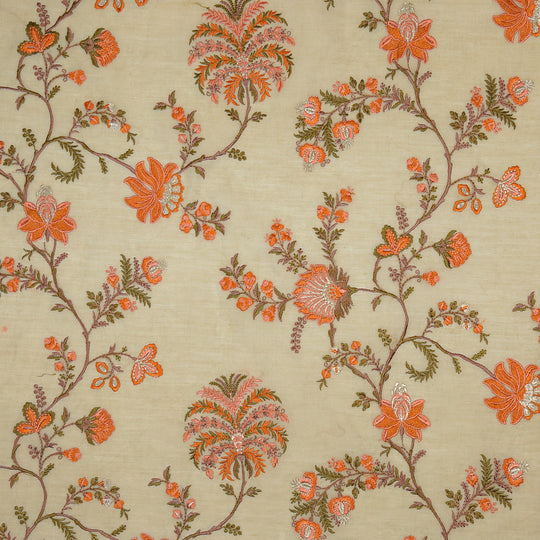 Yalina Almond Chanderi Embroidered Fabric in Jaal Pattern