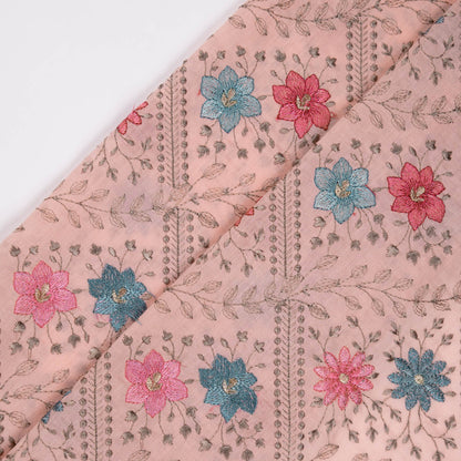 Pariza Carrot Pink Cotton Embroidered Fabric in Jaal Pattern