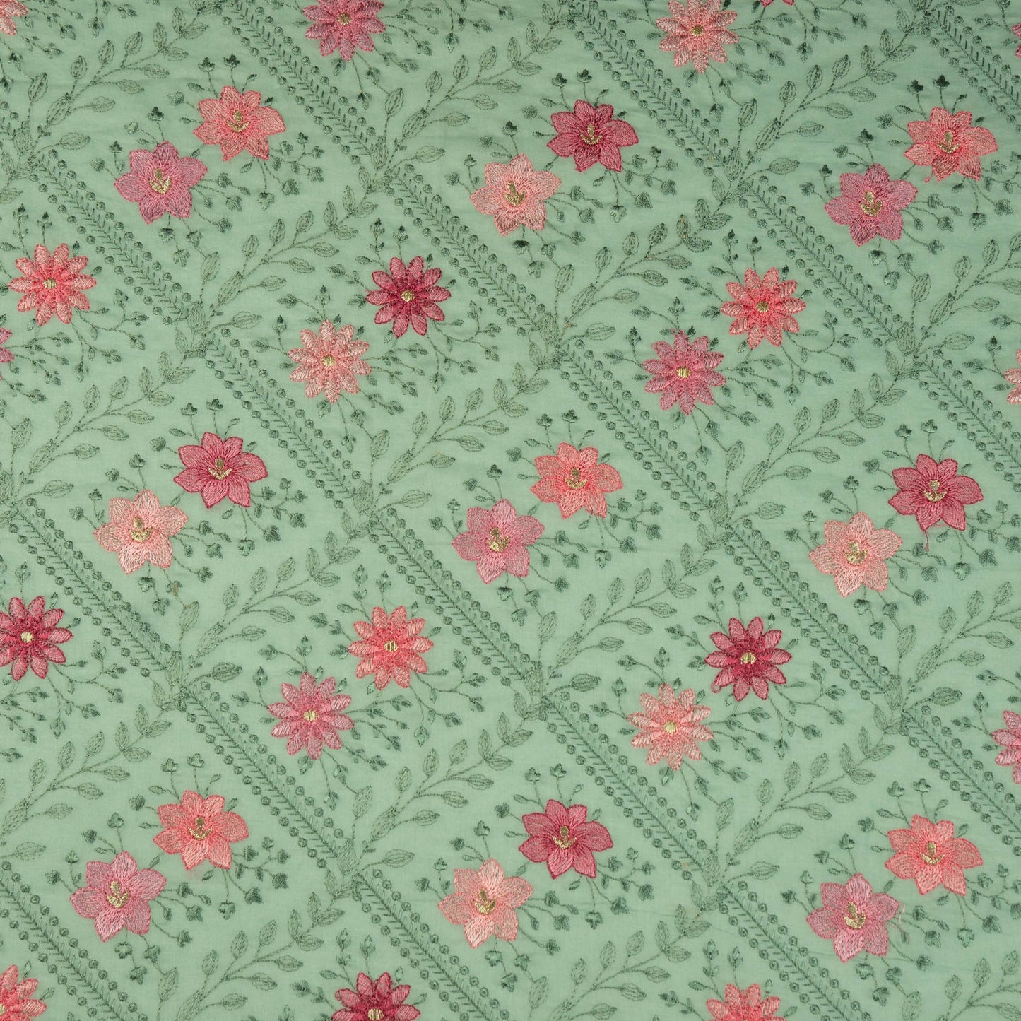 Pariza Aqua Green Cotton Embroidered Fabric in Jaal Pattern