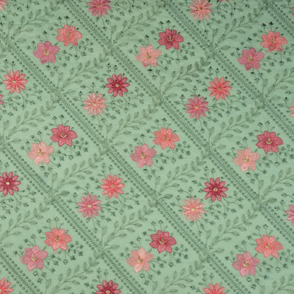 Pariza Aqua Green Cotton Embroidered Fabric in Jaal Pattern