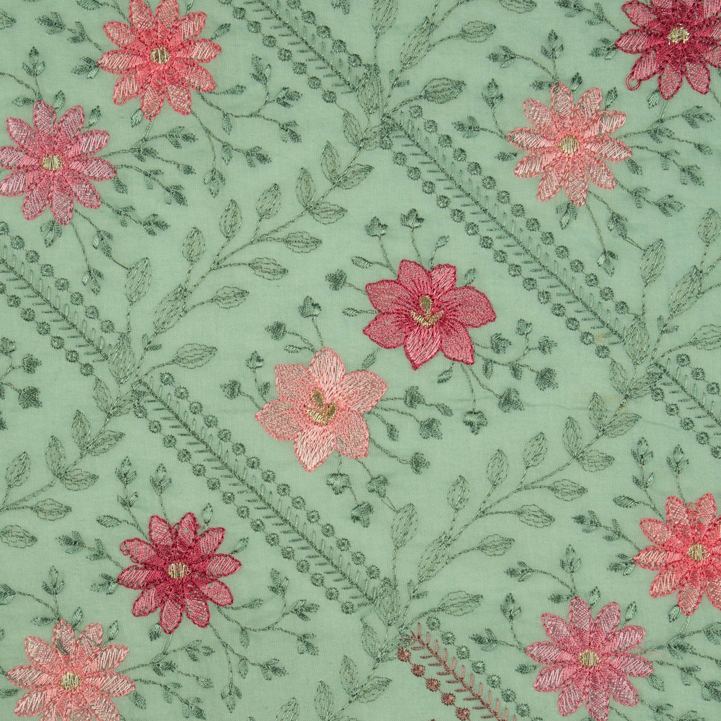 Pariza Aqua Green Cotton Embroidered Fabric in Jaal Pattern