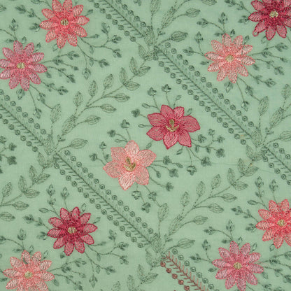 Pariza Aqua Green Cotton Embroidered Fabric in Jaal Pattern