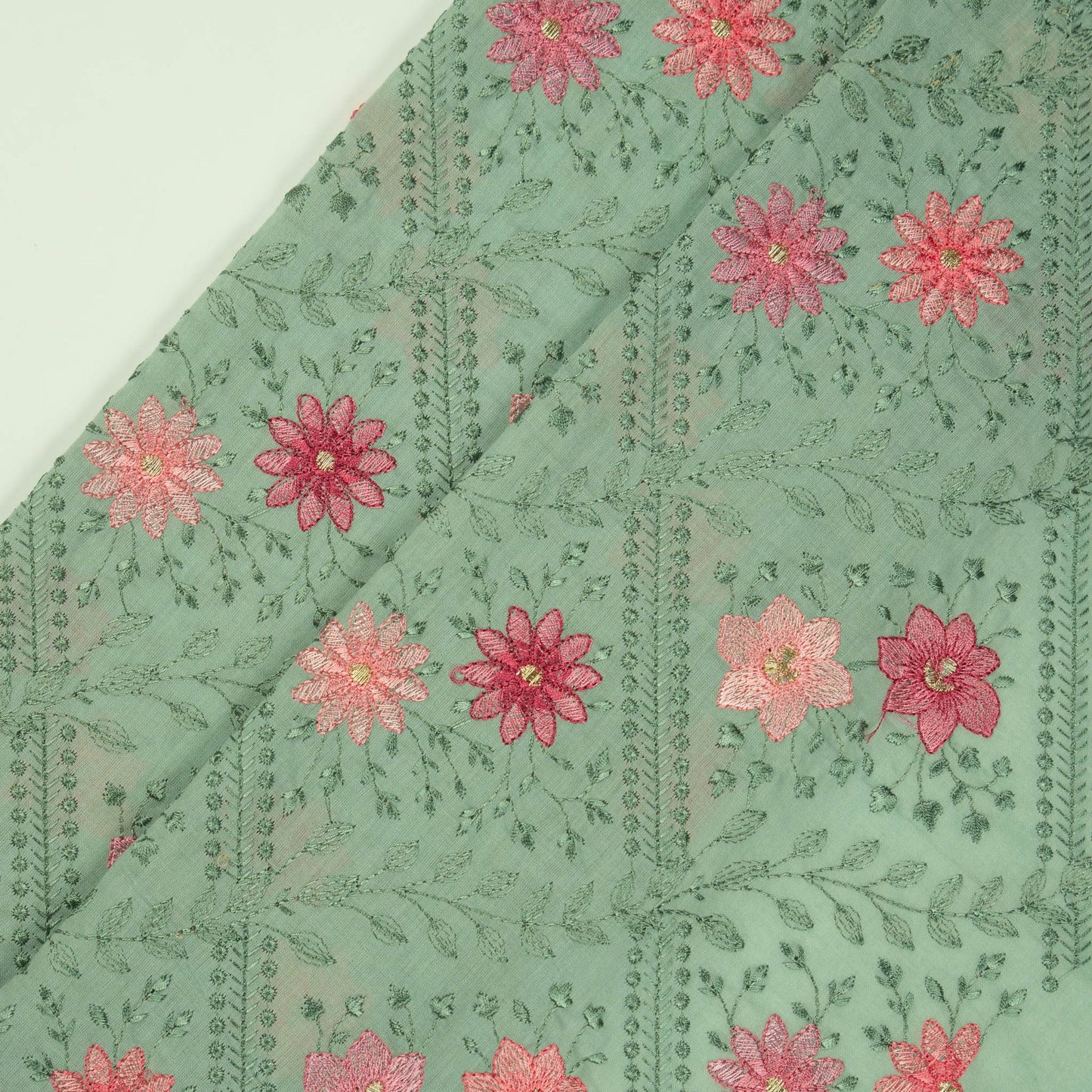 Pariza Aqua Green Cotton Embroidered Fabric in Jaal Pattern