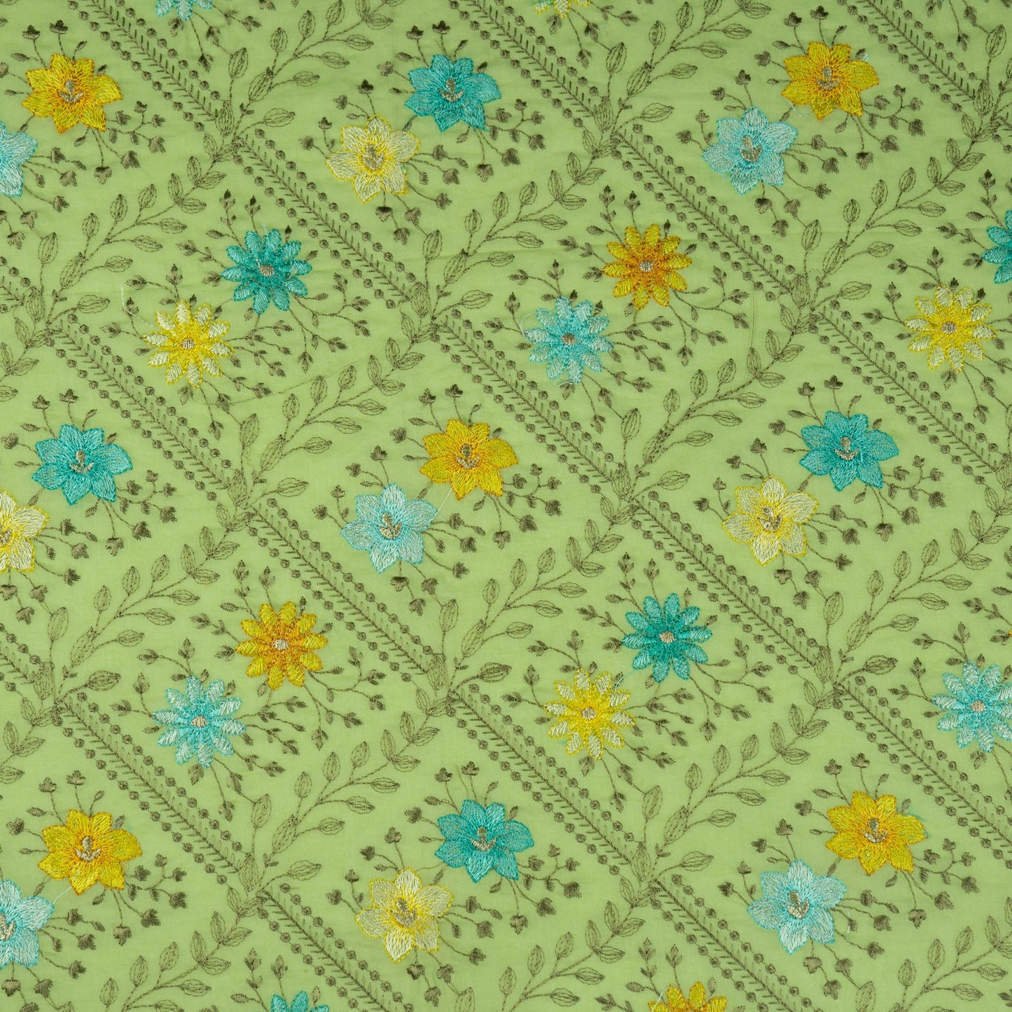 Pariza Pista Green Cotton Embroidered Fabric in Jaal Pattern