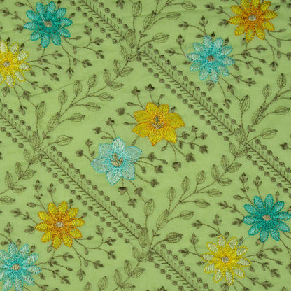 Pariza Pista Green Cotton Embroidered Fabric in Jaal Pattern