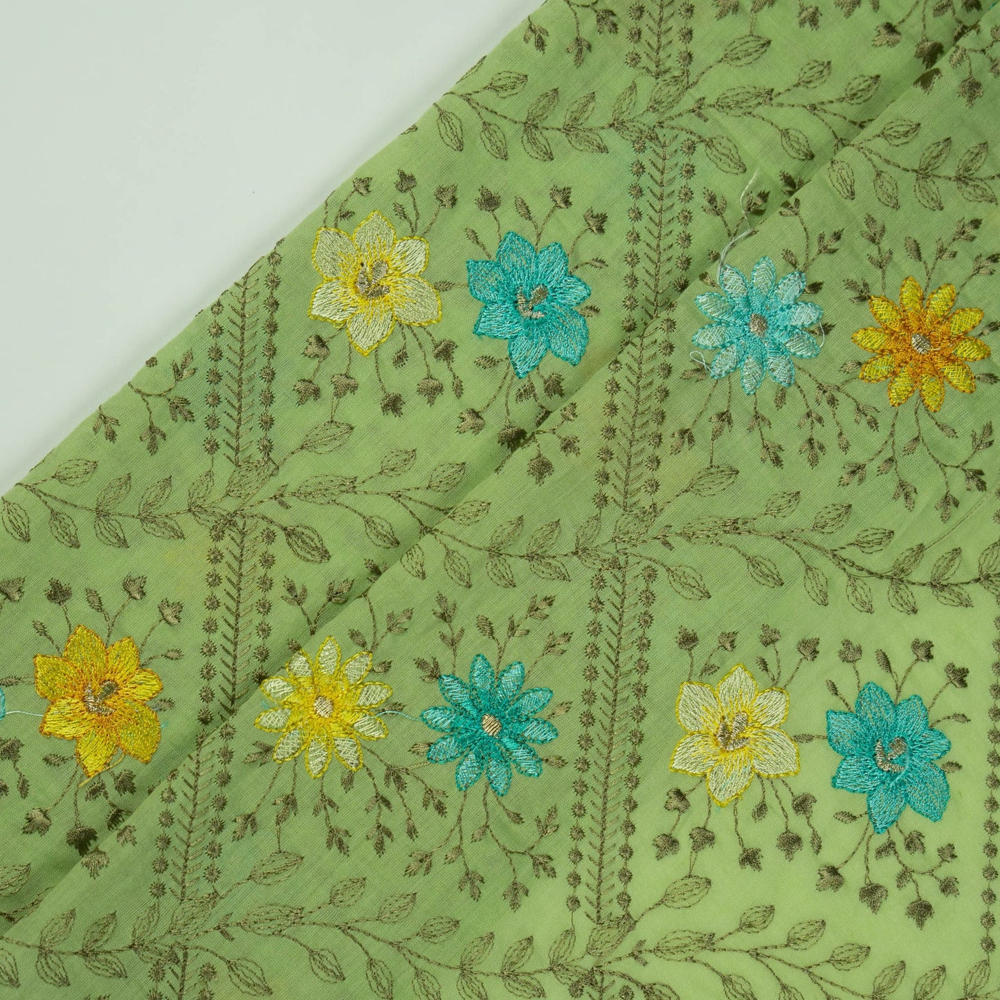 Pariza Pista Green Cotton Embroidered Fabric in Jaal Pattern