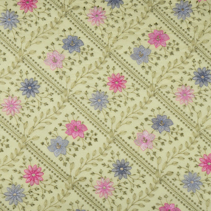 Pariza Lemon Cotton Embroidered Fabric in Jaal Pattern