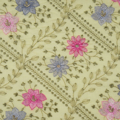 Pariza Lemon Cotton Embroidered Fabric in Jaal Pattern