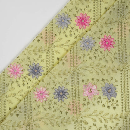 Pariza Lemon Cotton Embroidered Fabric in Jaal Pattern