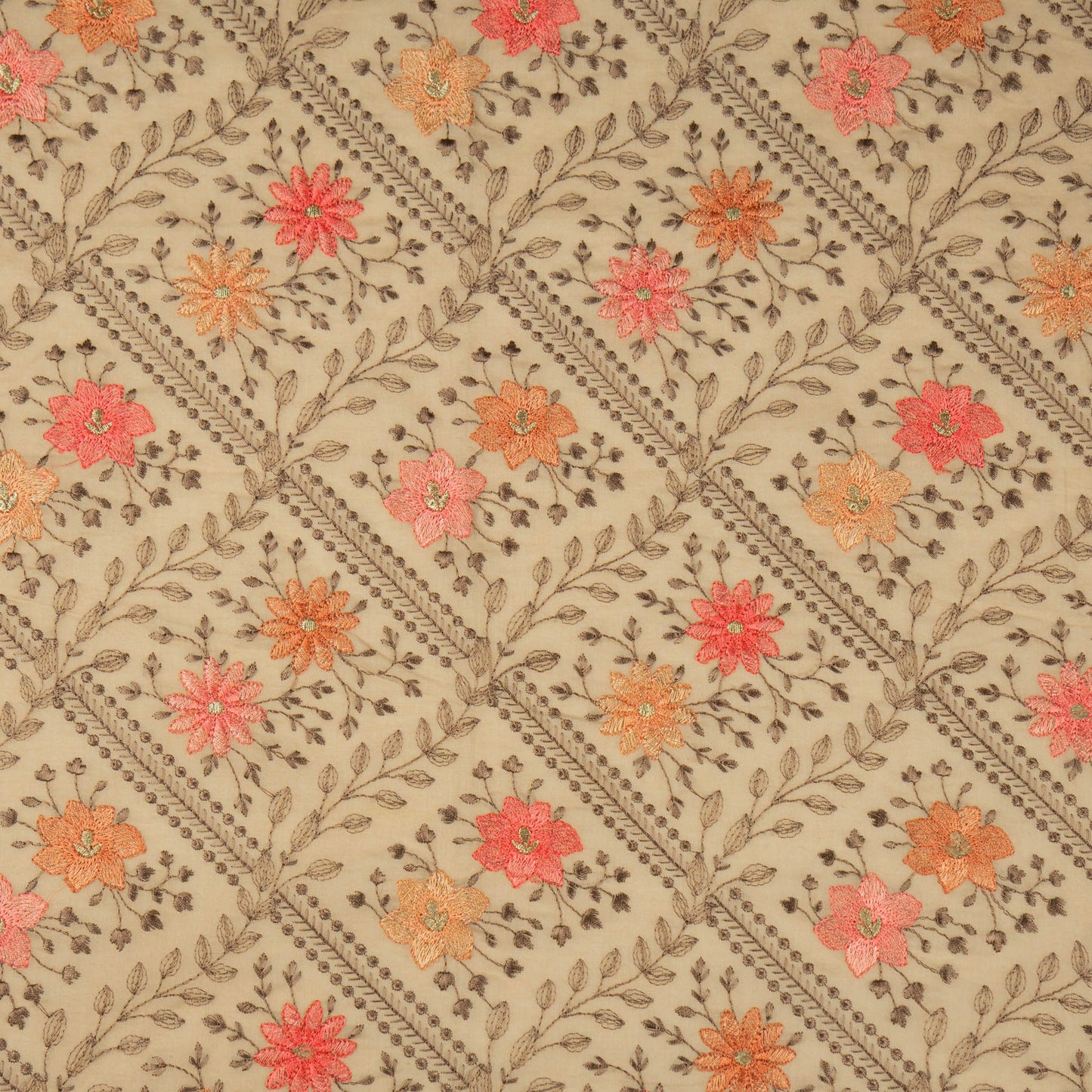 Pariza Blush Cotton Embroidered Fabric in Jaal Pattern