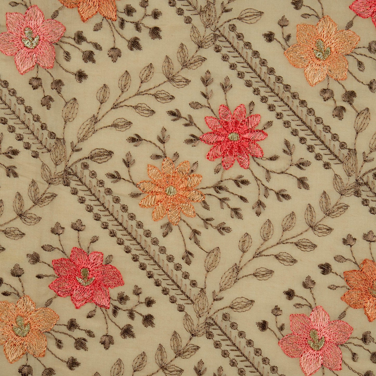 Pariza Blush Cotton Embroidered Fabric in Jaal Pattern