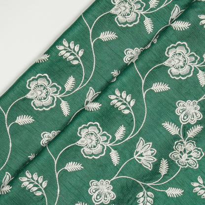 Prisha Teal Viscose Raw Silk Embroidered Fabric in Jaal Pattern