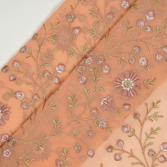 Shazia Peach Viscose Georgette Embroidered Fabric in Jaal Pattern