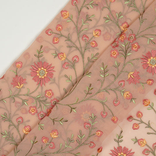 Shazia Light Peach Viscose Georgette Embroidered Fabric in Jaal Pattern