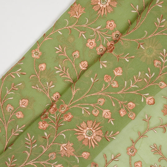 Shazia Olive Viscose Georgette Embroidered Fabric in Jaal Pattern