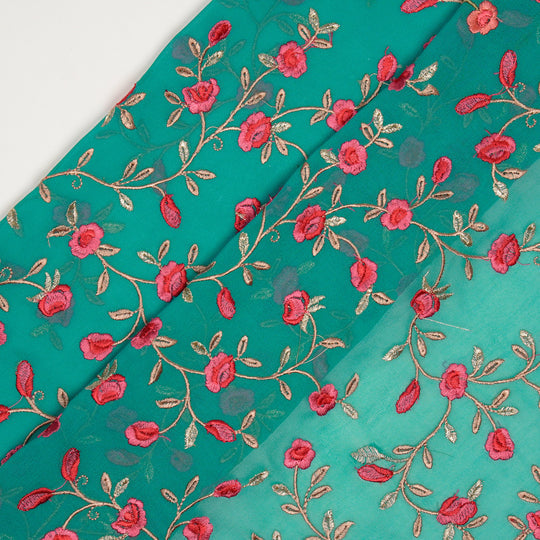 Saha Teal Viscose Georgette Embroidered Fabric in Jaal Pattern