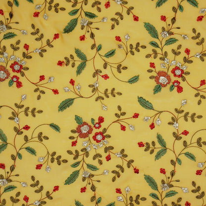 Mishfah Mustard Viscose Georgette Embroidered Fabric in Jaal Pattern