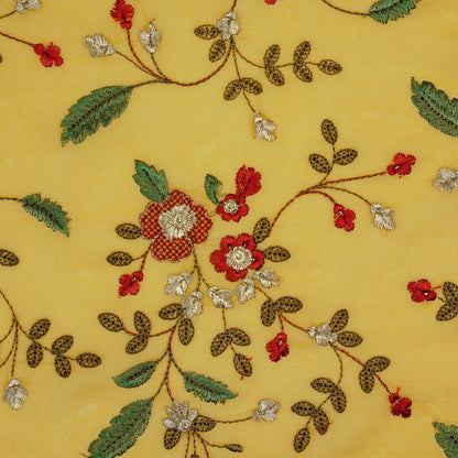 Mishfah Mustard Viscose Georgette Embroidered Fabric in Jaal Pattern