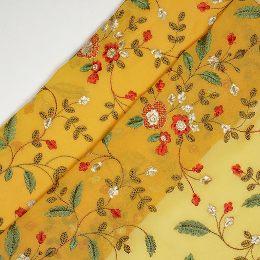 Mishfah Mustard Viscose Georgette Embroidered Fabric in Jaal Pattern