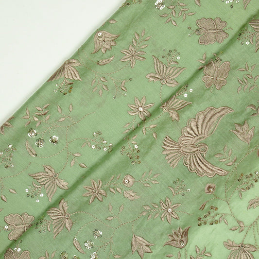 Naila Pista Green Chanderi Embroidered Fabric in Bird Jaal Pattern