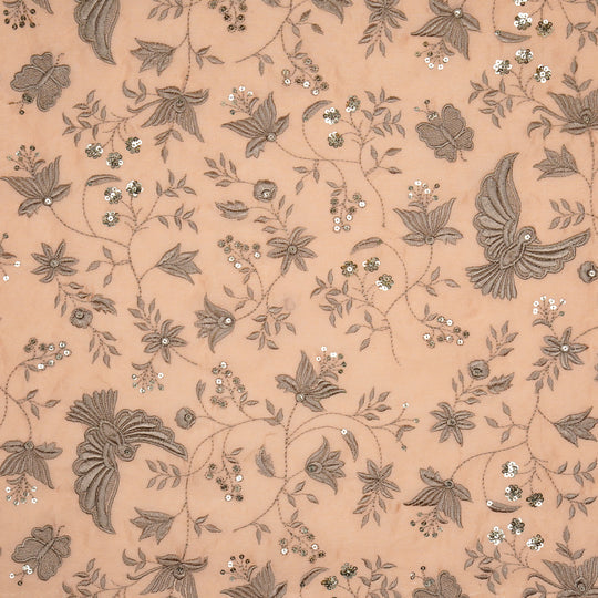 Naila Peach Chanderi Embroidered Fabric in Bird Jaal Pattern