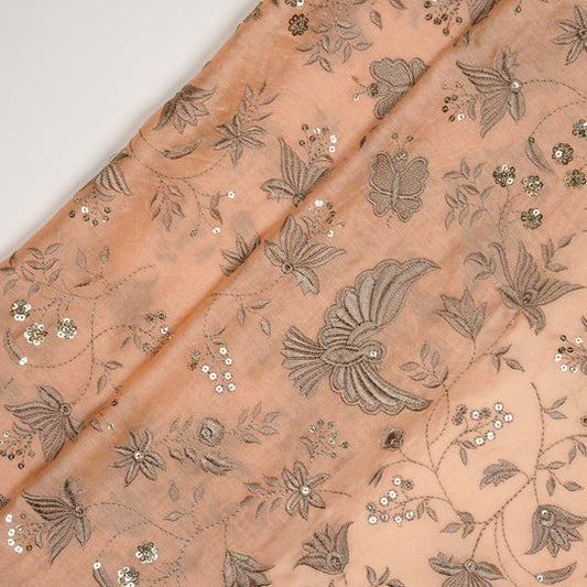 Naila Peach Chanderi Embroidered Fabric in Bird Jaal Pattern