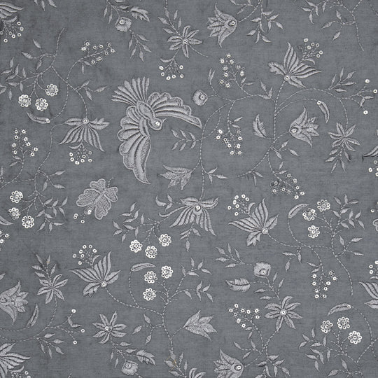 Naila Silver Grey Chanderi Embroidered Fabric in Bird Jaal Pattern