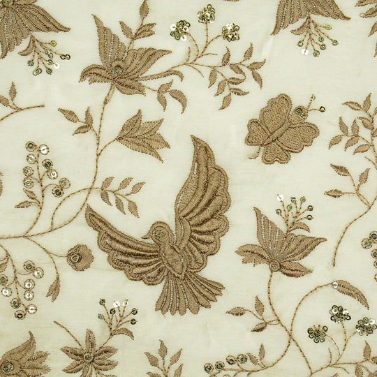 Naila Ivory Chanderi Embroidered Fabric in Bird Jaal Pattern