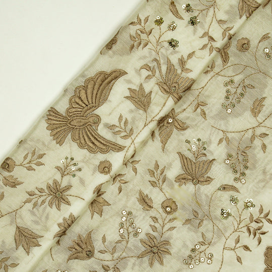 Naila Ivory Chanderi Embroidered Fabric in Bird Jaal Pattern