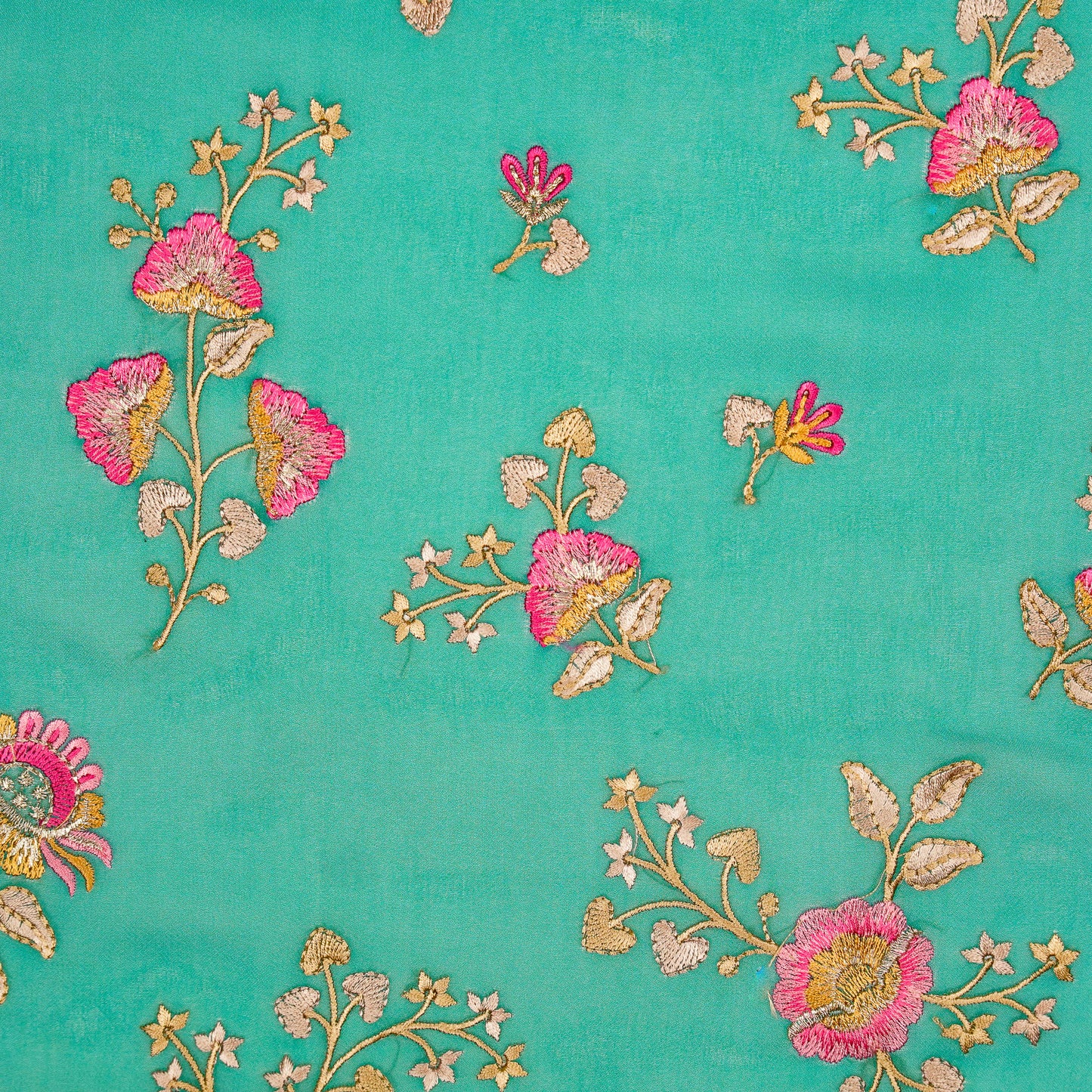 Maitri Floral Deep Turquoise Viscose Georgette Embroidered Fabric in Jaal Pattern