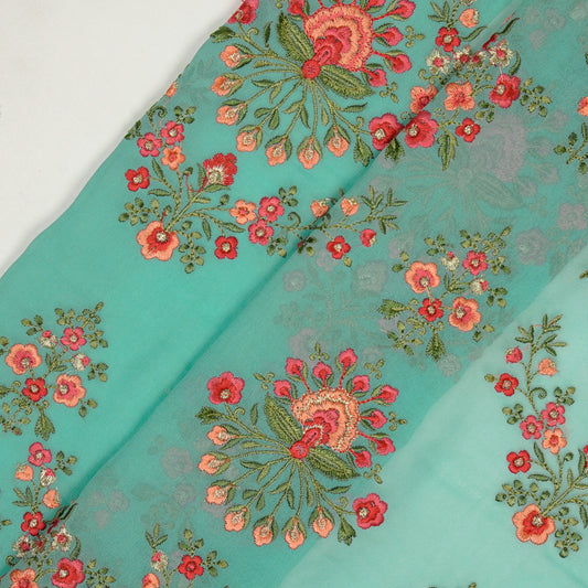 Nutan Turquoise Viscose Georgette Embroidered Fabric in Jaal Pattern