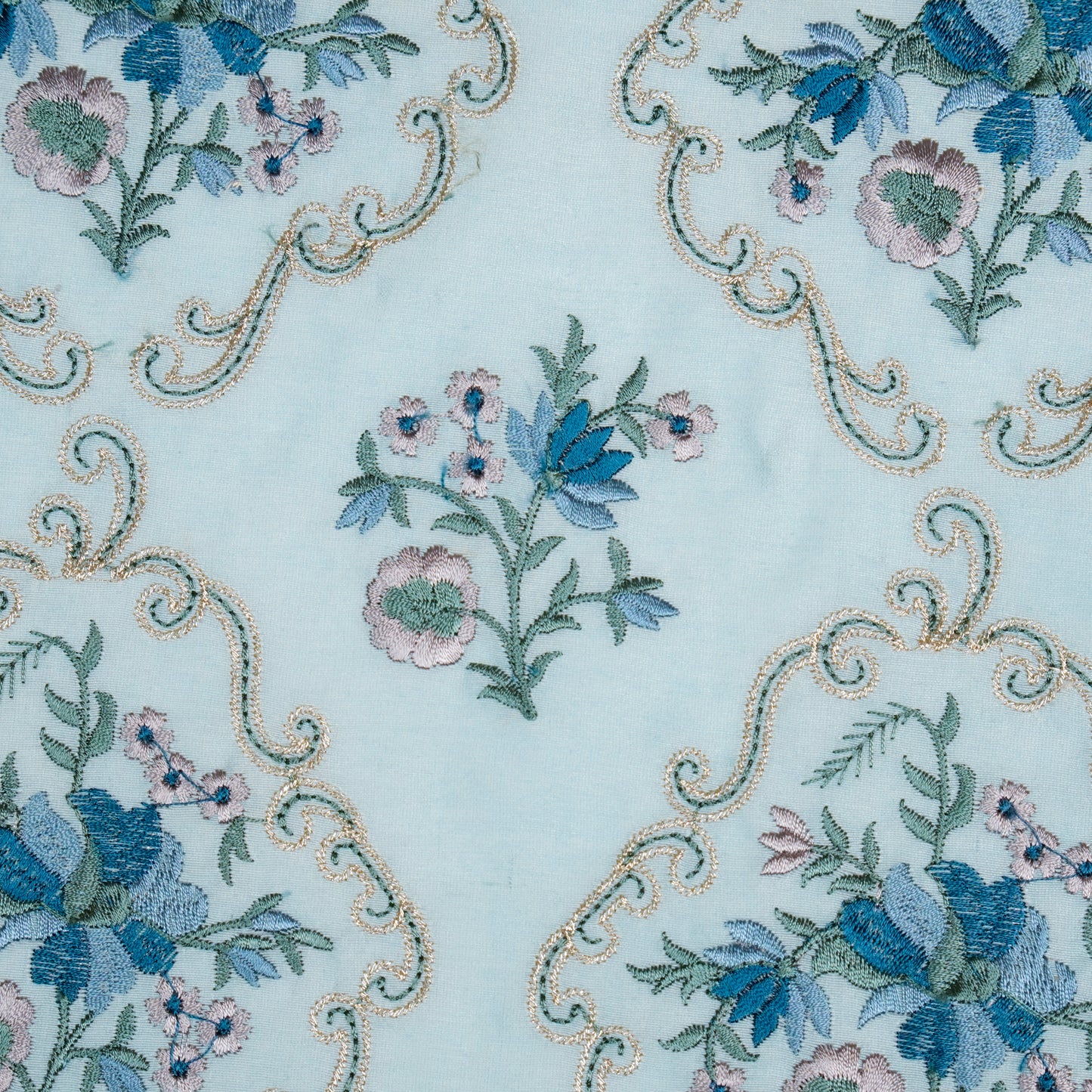 Aliza Aqua Chanderi Embroidered Fabric in Jaal Pattern