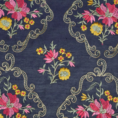 Aliza Navy Blue Chanderi Embroidered Fabric in Jaal Pattern