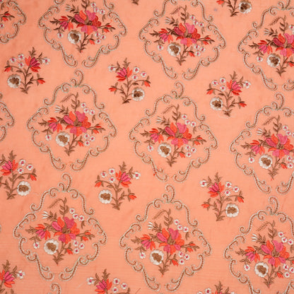 Aliza Deep Peach Chanderi Embroidered Fabric in Jaal Pattern