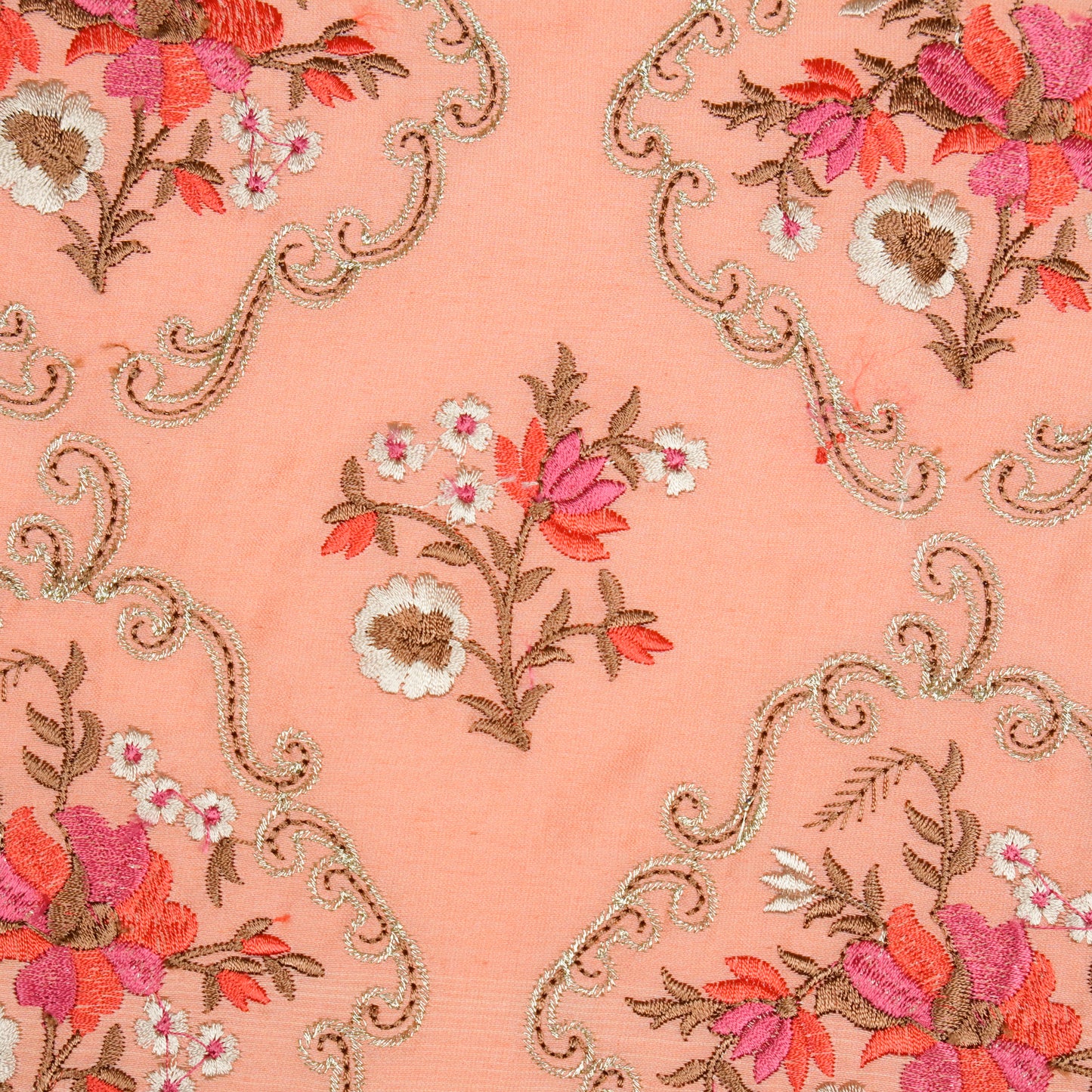 Aliza Deep Peach Chanderi Embroidered Fabric in Jaal Pattern