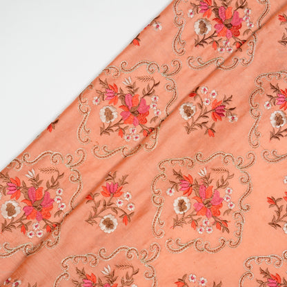 Aliza Deep Peach Chanderi Embroidered Fabric in Jaal Pattern