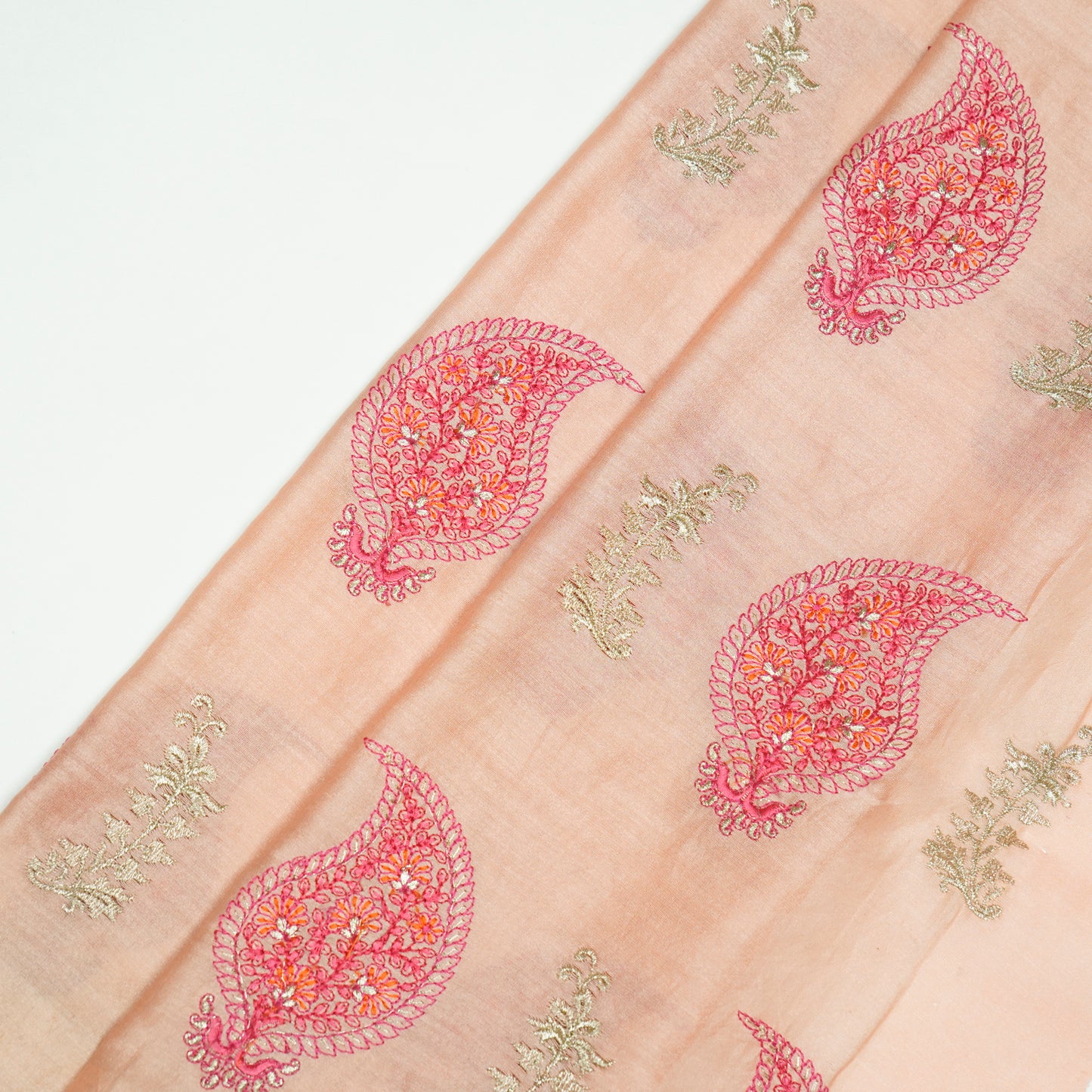 Umaima Peach Chanderi Embroidered Fabric in Buta Pattern