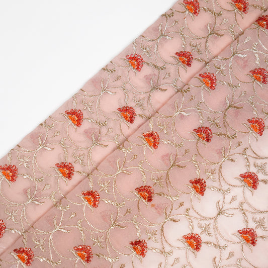 Kashaf Light Peach Viscose Georgette Embroidered Fabric in Jaal Pattern