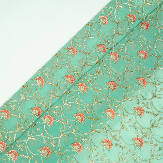 Kashaf Aqua Viscose Georgette Embroidered Fabric in Jaal Pattern