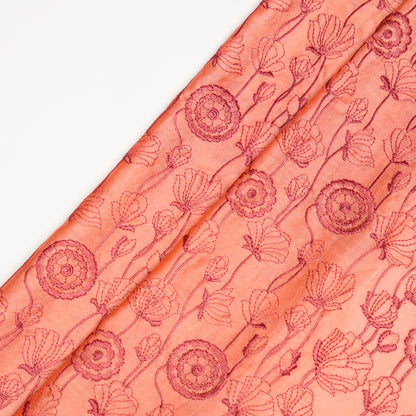 Isha Peach Chanderi Embroidered Fabric in Jaal Pattern