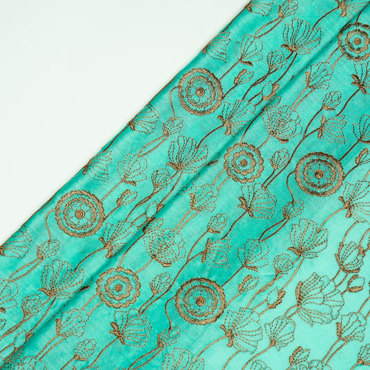 Isha Aqua Chanderi Embroidered Fabric in Jaal Pattern